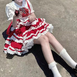 GETADME Harajuku Sweet Detachable Blue Strap Skirts 2025 Summer New A-line Skirt for Women Y2k Slim Waist Lace Ruched Faldas Mujer