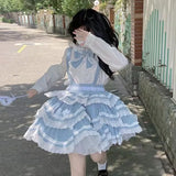 GETADME Harajuku Sweet Detachable Blue Strap Skirts 2025 Summer New A-line Skirt for Women Y2k Slim Waist Lace Ruched Faldas Mujer