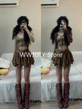 GETADME Harajuku Vintage Fashion 3 Piece Set Woman Short Cardigan + Slim Vest + Y2k E-Girl High Waist Skirt Hot Girls Korean Style Suit
