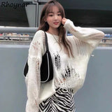 GETADME Sweater Women Autumn Long Sleeve Hole Loose Thin Knitted Fashion Design Pullover Solid Hollow Out Harajuku Mujer Chandails Retro