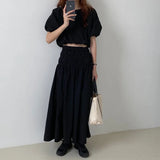 GETADME Oversized Summer Vintage 2 Two Piece Skirts Sets Women Outfits Puff Sleeve Crop Top and Elastic Waist Pleat Long A-line Skirt