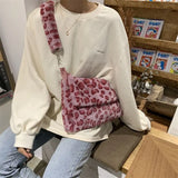 Lovely Pink Leopard Print Girls Furry Handbags Small Tote Soft Plush Women Large Shoulder Bag Fashion Ladies Crossbody Bags