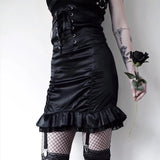Getadme-Women Black Bodycon Pencil Skirts Gothic Punk High Waist Bandage Skirts Fishtail Ruffles Hip Skirt Saias Femininas Elegant Skirt