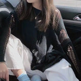 GETADME Sweater Women Autumn Long Sleeve Hole Loose Thin Knitted Fashion Design Pullover Solid Hollow Out Harajuku Mujer Chandails Retro
