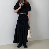 GETADME Oversized Summer Vintage 2 Two Piece Skirts Sets Women Outfits Puff Sleeve Crop Top and Elastic Waist Pleat Long A-line Skirt