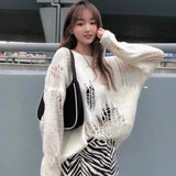 GETADME Sweater Women Autumn Long Sleeve Hole Loose Thin Knitted Fashion Design Pullover Solid Hollow Out Harajuku Mujer Chandails Retro