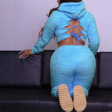 GETADME 여성 겨울 양모 투피스 세트 라운지웨어 아웃핏 팬츠 긴팔 오픈백 레이스업 후드 탑 매칭 파티 클럽웨어