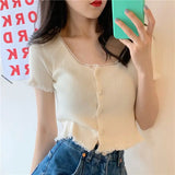 GETADME Short Sleeve T-shirts Women Slim Solid Lace O-neck Single Breasted Trendy Chic Sweet Lovely Ulzzang Simple Streetwear Knitted
