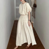 GETADME Oversized Summer Vintage 2 Two Piece Skirts Sets Women Outfits Puff Sleeve Crop Top and Elastic Waist Pleat Long A-line Skirt