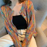 GETADME Hdspq New Rainbow Color Cardigan with Buttons 2024 Autumn Winter Korean Fashion Long Sleeve Knit Cardigan Women Loose Sweaters
