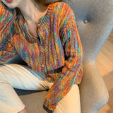 GETADME Hdspq New Rainbow Color Cardigan with Buttons 2024 Autumn Winter Korean Fashion Long Sleeve Knit Cardigan Women Loose Sweaters
