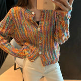 GETADME Hdspq New Rainbow Color Cardigan with Buttons 2024 Autumn Winter Korean Fashion Long Sleeve Knit Cardigan Women Loose Sweaters