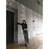 GETADME Heavy Industry Design American Style Retro Washed Low Waist Straight Leg Jeans Spicy Girl Versatile Y2k Big Pocket Flared Pants