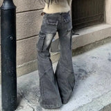 GETADME Heavy Industry Design American Style Retro Washed Low Waist Straight Leg Jeans Spicy Girl Versatile Y2k Big Pocket Flared Pants