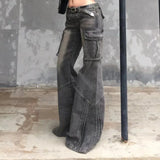 GETADME Heavy Industry Design American Style Retro Washed Low Waist Straight Leg Jeans Spicy Girl Versatile Y2k Big Pocket Flared Pants