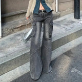 GETADME Heavy Industry Design American Style Retro Washed Low Waist Straight Leg Jeans Spicy Girl Versatile Y2k Big Pocket Flared Pants