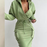 Getadme-Christmas Autumn Winter Casual Long Sleeve V Neck Lowcut Grey Dress Flap Detail Drawstring Waist Hooded Sweatshirt Dress