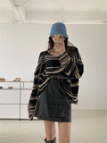 Getadme- Women Punk Gothic Striped Long Sleeve Loose Patchwork Sweater Hip Hop Retro Oversize Pullover Casual Knitted Jumpers
