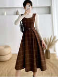 GETADME High Quality Fall Winter Women Sweater Overalls Dress Sets Casual Knitted Tops +Plaid Woolen Dress 2 Piece Sets Outfits Female