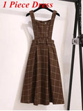 GETADME High Quality Fall Winter Women Sweater Overalls Dress Sets Casual Knitted Tops +Plaid Woolen Dress 2 Piece Sets Outfits Female