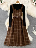 GETADME High Quality Fall Winter Women Sweater Overalls Dress Sets Casual Knitted Tops +Plaid Woolen Dress 2 Piece Sets Outfits Female