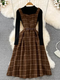GETADME High Quality Fall Winter Women Sweater Overalls Dress Sets Casual Knitted Tops +Plaid Woolen Dress 2 Piece Sets Outfits Female