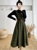 GETADME High Quality Fall Winter Women Sweater Overalls Dress Sets Casual Knitted Tops +Plaid Woolen Dress 2 Piece Sets Outfits Female