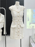 GETADME High Quality Small Fragrance Tweed Two Piece Woven Short Jacket Tops + Slim Fit Sling Dresses Women Sweet Short Dress Party Vest