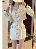 GETADME High Quality Small Fragrance Tweed Two Piece Woven Short Jacket Tops + Slim Fit Sling Dresses Women Sweet Short Dress Party Vest