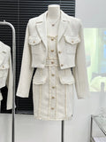 GETADME High Quality Small Fragrance Tweed Two Piece Woven Short Jacket Tops + Slim Fit Sling Dresses Women Sweet Short Dress Party Vest