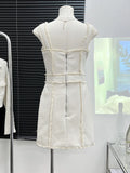 GETADME High Quality Small Fragrance Tweed Two Piece Woven Short Jacket Tops + Slim Fit Sling Dresses Women Sweet Short Dress Party Vest