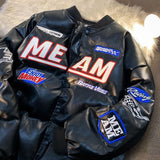 GETADME High Street Embroidered Letter PU Puffer Jacket Men Women Y2k Hip Hop Baseball Parkas Winter Thick Padded Coat Warm College Tops