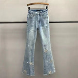 GETADME High Waist Denim Wide Leg Flare Pants Ankle-Length Star Embroidery Diamond Jeans Women Harajuku Y2k Trousers American Chic