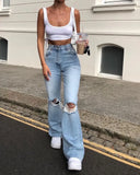 GETADME High-waisted Retro Stretch Women Pants Winter Edition New Style Ripped Bell Bottoms High Waist Straight Cylinder Wide Leg Jeans