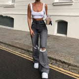 GETADME High-waisted Retro Stretch Women Pants Winter Edition New Style Ripped Bell Bottoms High Waist Straight Cylinder Wide Leg Jeans