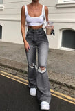 GETADME High-waisted Retro Stretch Women Pants Winter Edition New Style Ripped Bell Bottoms High Waist Straight Cylinder Wide Leg Jeans