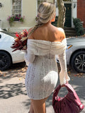 GETADME Hollow Out Lace Women's Dress Chic Off-shoulder Full Flare Sleeve Hip Package Female Dress Lace Up Slim Lady Vestidos 2025 New