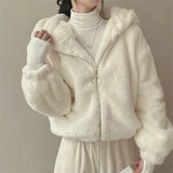 GETADME Hooded Plush Thick Section Wool Jacket Women's Fall And Winter Padded Thickened Zipper Warm Short Coat Cute New Fashion