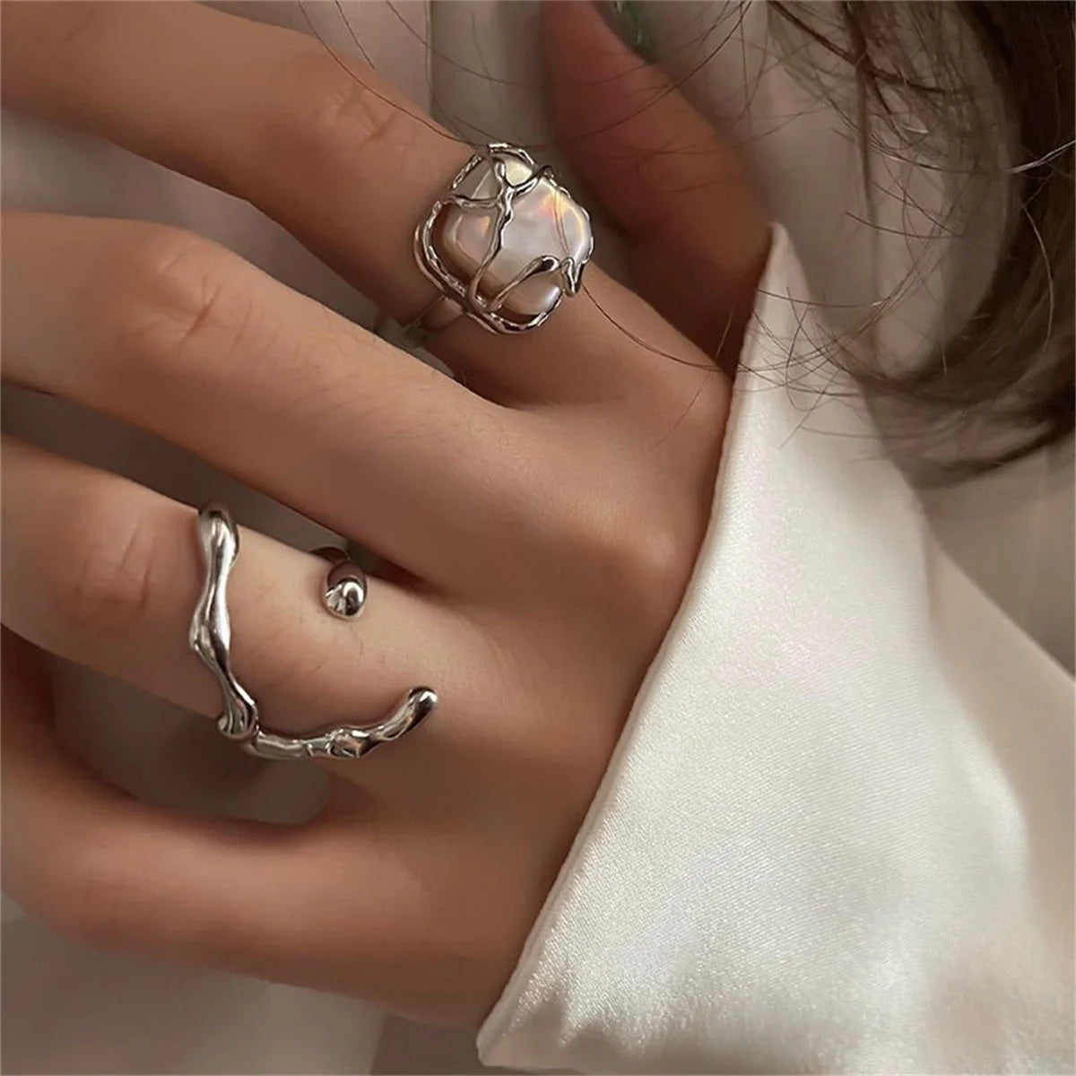 GETADME INS Minimalist Silver Color Irregular Wrinkled Surface Finger Rings for Women Men Punk Geometric Opening Ring Girl Party Jewelry