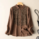 GETADME Japan Daily Geometric Pattern Printing Thin Cotton Linen Polo Neck Patchwork Tribal Ethnic Style Women Shirt Single Breasted