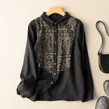 GETADME Japan Daily Geometric Pattern Printing Thin Cotton Linen Polo Neck Patchwork Tribal Ethnic Style Women Shirt Single Breasted