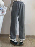 GETADME Japanese Kawaii Pants Women Wide Leg Cute Sweatpants Sweet Harajuku Lolita Vintage Baggy White Trousers with Bow Winter