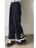 GETADME Japanese Kawaii Pants Women Wide Leg Cute Sweatpants Sweet Harajuku Lolita Vintage Baggy White Trousers with Bow Winter