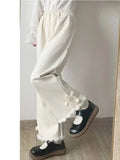 GETADME Japanese Kawaii Pants Women Wide Leg Cute Sweatpants Sweet Harajuku Lolita Vintage Baggy White Trousers with Bow Winter