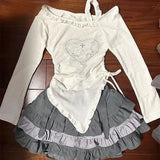 GETADME Japanese Kawaii Two Piece Set Women Sweet Rabbit Print Cute Skirt Suit Female Korean Slim Tops＋Princess Cake Skirt 2025 Autumn