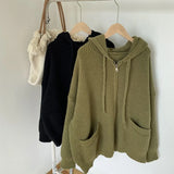 GETADME Japanese Retro Hooded Knitted Cardigan Female Autumn Winter Zipper Pockets Sweater Coat Women Casual Loose Solid Knitwear Woman
