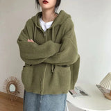 GETADME Japanese Retro Hooded Knitted Cardigan Female Autumn Winter Zipper Pockets Sweater Coat Women Casual Loose Solid Knitwear Woman