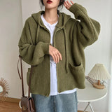 GETADME Japanese Retro Hooded Knitted Cardigan Female Autumn Winter Zipper Pockets Sweater Coat Women Casual Loose Solid Knitwear Woman