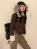 GETADME Japanese Y2k Fur Coat Women American Retro Brown Knitted Jacket Vintage Korean Style Zipper  Winter 2000s Aesthetics