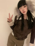 GETADME Japanese Y2k Fur Coat Women American Retro Brown Knitted Jacket Vintage Korean Style Zipper  Winter 2000s Aesthetics